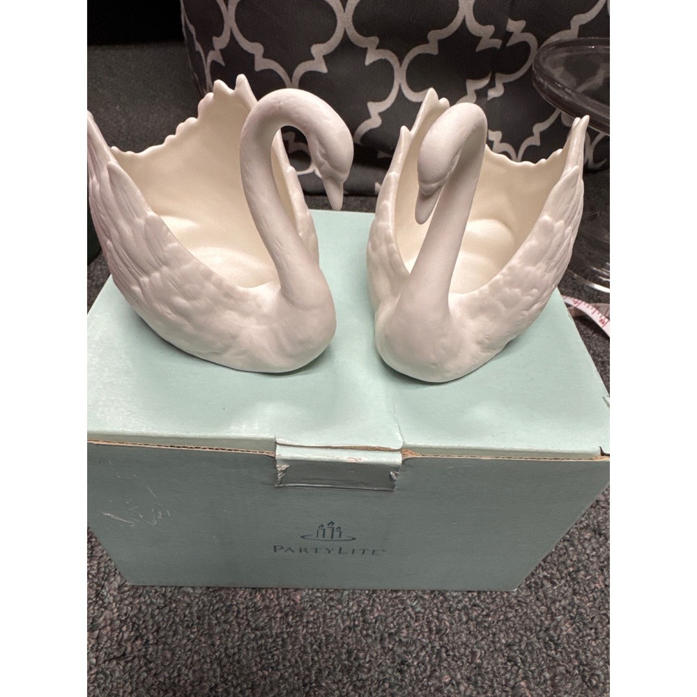 PartyLite White Bisque Swan Candle Holders Pair Matte Porcelain Figurines Boxed